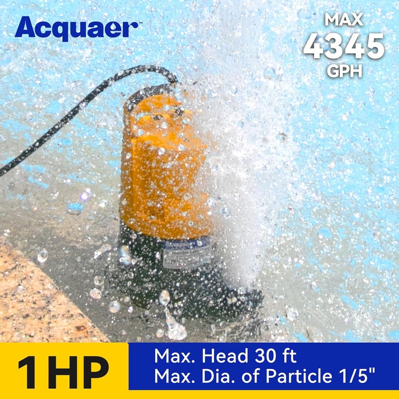 Acquaer 1HP Sump Pump, 4345GPH Submersible Water Pump for Water Removal in Hot Tubs, Pools, Basements, and Garden Ponds - Image 2